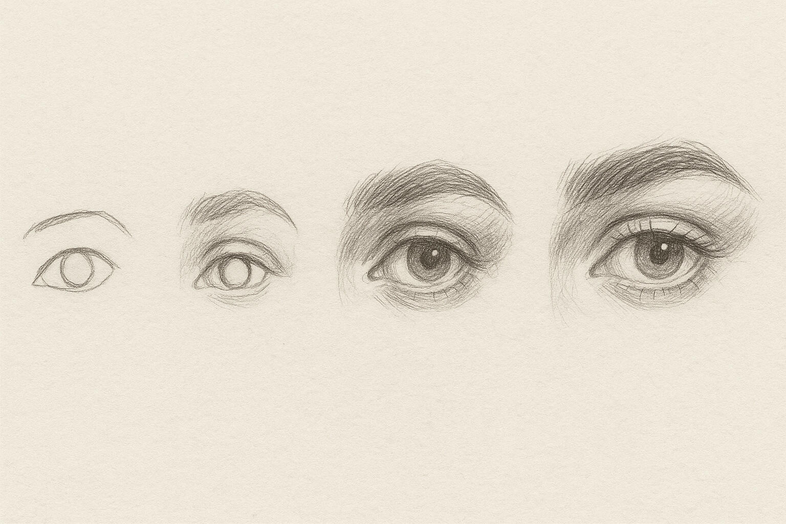Eye Drawing Progression Sketch Series of pencil eye sketches showing gradual improvement from basic outline to detailed realism.